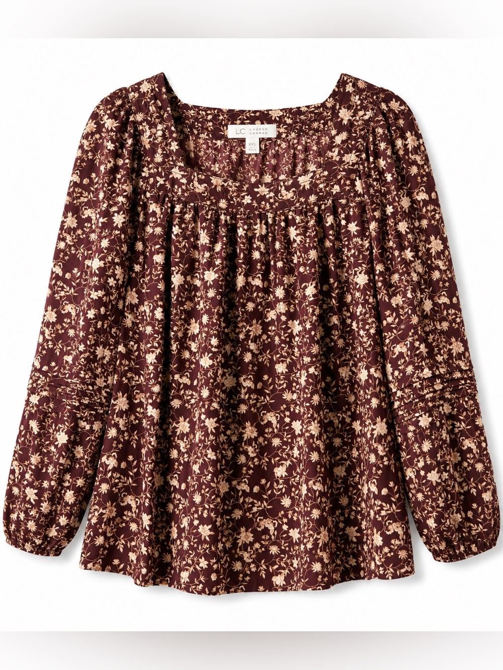 LC Lauren Conrad XXL Brown Burgundy Floral Peasant Blouse Puff Sleeve